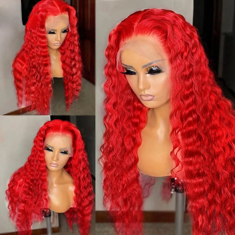 Diniwigs-Peruca dianteira do laço sintético vermelho para mulheres, onda profunda longa, cabelo de fibra resistente ao calor, perucas cosplay