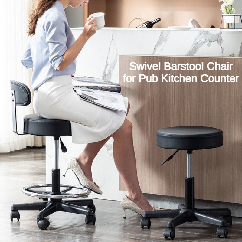 Okrągłe wysokie krzesło barowe, stołek z regulowaną wysokością i podnóżkiem, krzesło obrotowe ze skóry PU do salonu fryzjerskiego w kuchni i pubu