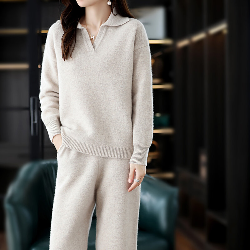 100% de lã pura feminina outono/inverno nova moda all-match polo colarinho pulôver versão coreana preguiçoso estilo casual cashmere terno