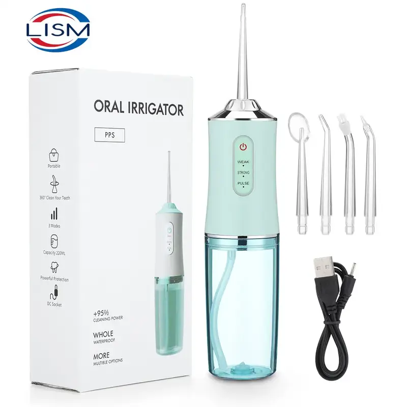 Irrigador oral dental portátil flosser água usb jato de água recarregável floss dente escolher 4 ponta do jato 220ml 3 modos ipx7 1400rpm