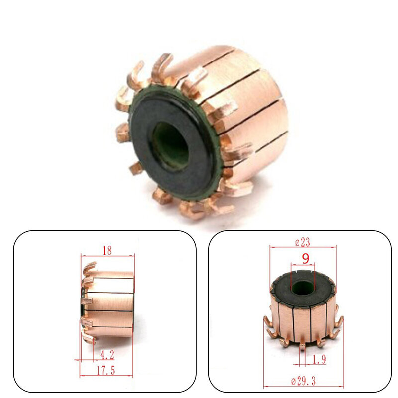 고성능 구리 모터 정류자, 우수한 전기 및 기계 특성, 12P, 9 × 23 × 175(18) mm