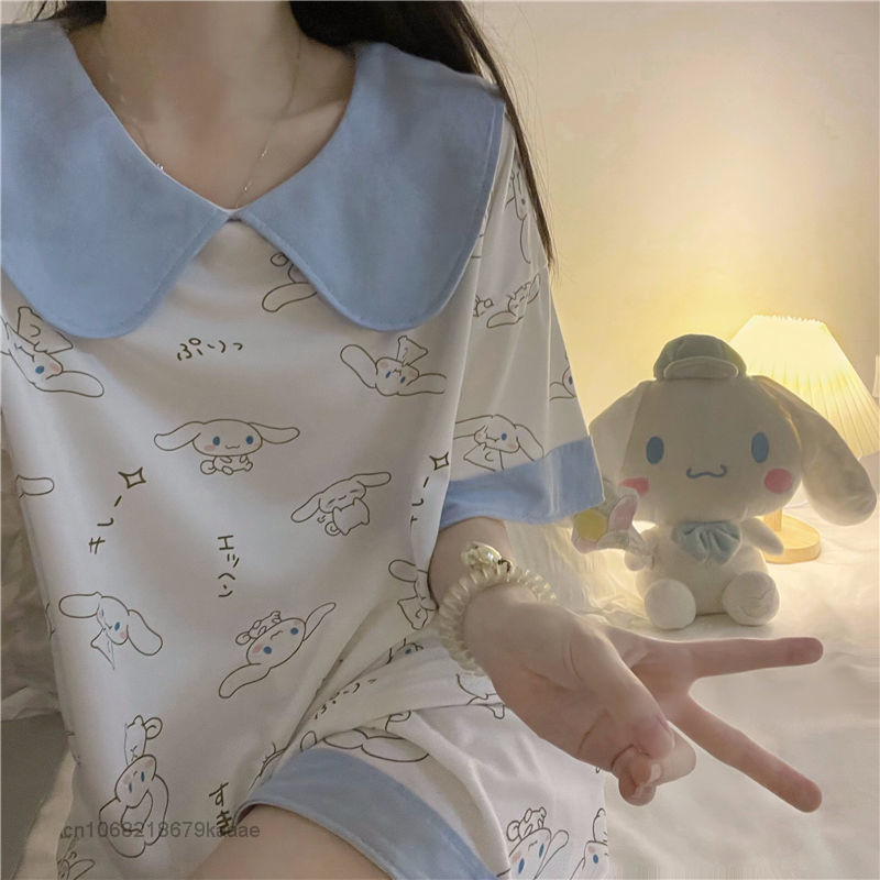 Sanrio camisola dos desenhos animados cinnamoroll 2 peça conjunto feminino pijamas terno roupas de verão em casa y2k topos shorts estilo coreano pijamas