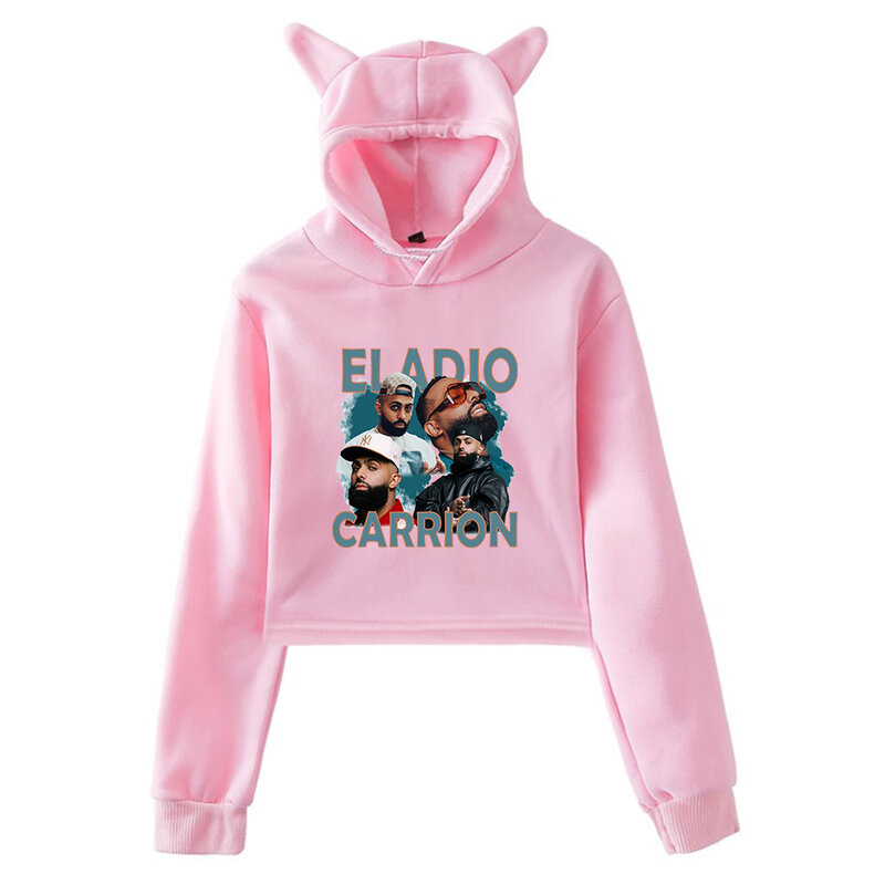 Eladio Carrion Pullover Vintage Graphic Female Cat Ears Hoodie Long Sleeve Fashion Crop Top Women's Clothes