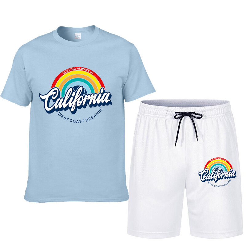 Rainbow letter print, men's 2 piece set, comfortable T-shirt and casual sports shorts set for summer