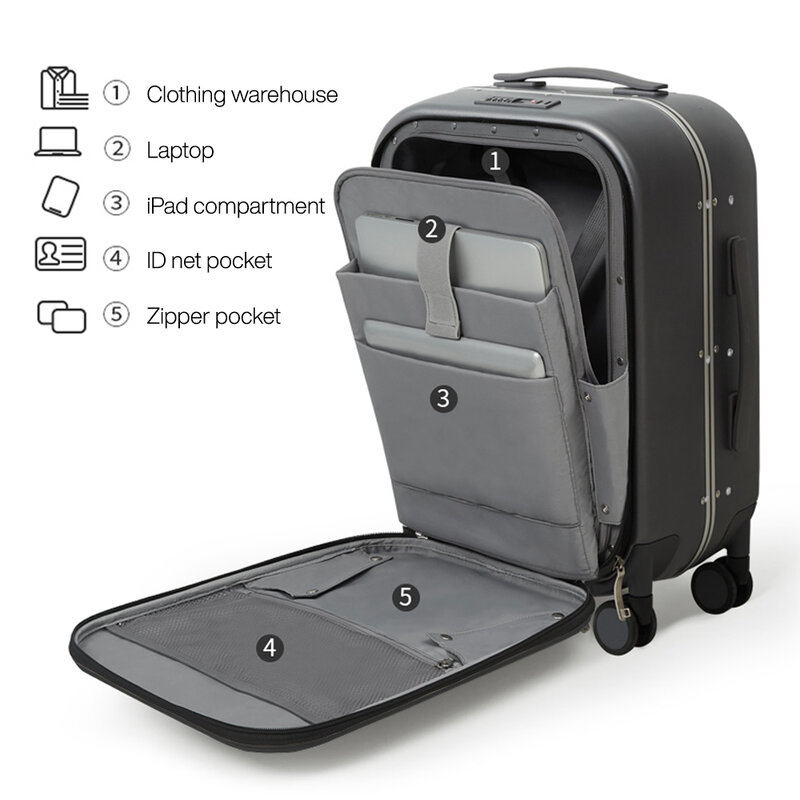 Mixi 2023 New Men 18 ''20''bagaglio a mano valigia telaio in alluminio tasca anteriore per Laptop 100% PC TSA Lock Spinner Wheels