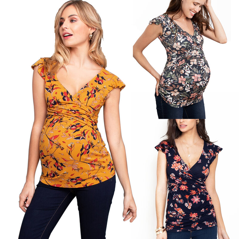 Одежда для беременных женщин Одежда для грудного вскармливания футболка с коротким рукавом полосатые топы для беременных женщин с V-образным вырезом
