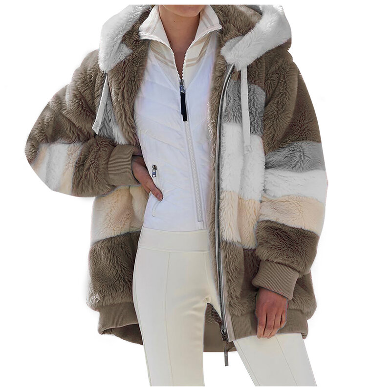 Свободное женское пальто с карманами и капюшоном, осень/зима, теплое плюшевое пальто на молнии