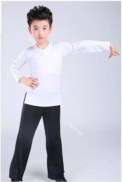 Boy Latin Dancewear łaciński do tańca, ćwiczeń ubrania marszczona scena balowa nowoczesne chłopcy z na trening tańca łaciną koszula + zestawy spodni