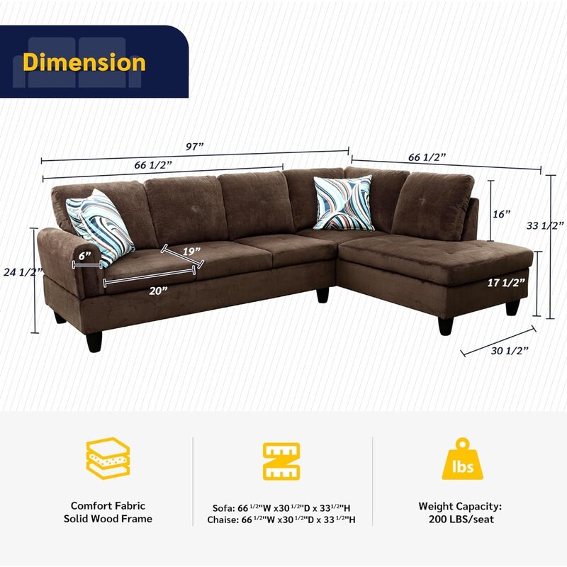 Parati-sofá Seccional de lino, 2 piezas, frente a la derecha, color marrón
