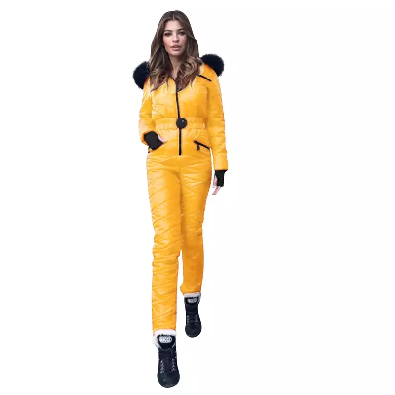 Winter Women's Jacket Fashion Hooded Solid Color Outdoor Sports Zipper Jumpsuit Ski Suit Windproof and Warm