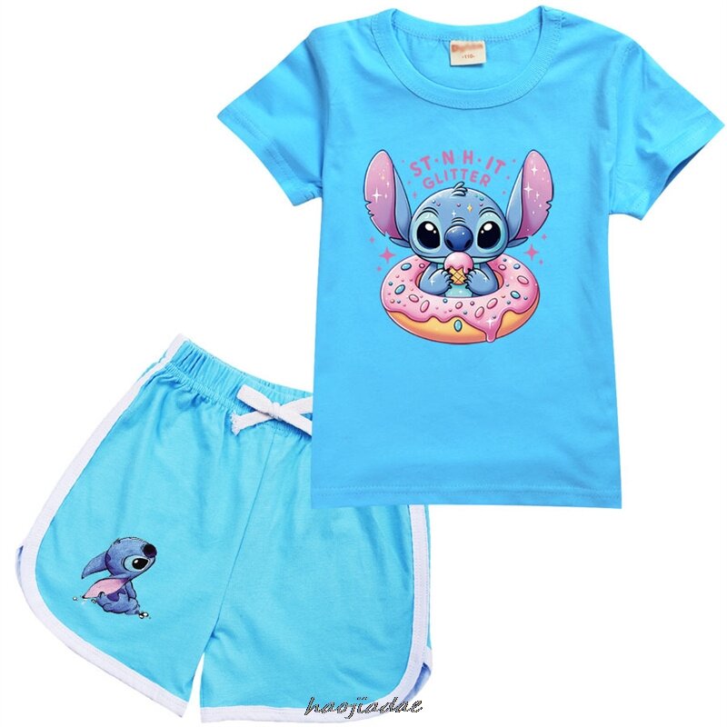 Lilo And Stitch setelan pakaian bayi isi 2 potong, setelan pakaian olahraga musim panas anak-anak, setelan kaus katun + celana pendek anak laki-laki dan perempuan