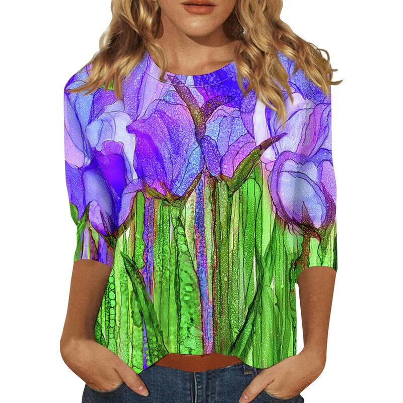 เสื้อผ้า Y2k สวมหัวสไตล์วินเทจสำหรับผู้หญิงภาพพิมพ์ดอกไม้ใส่ในทุกวันเสื้อคอกลมแขน3/4เสื้อ Y2k สำหรับฤดูร้อน