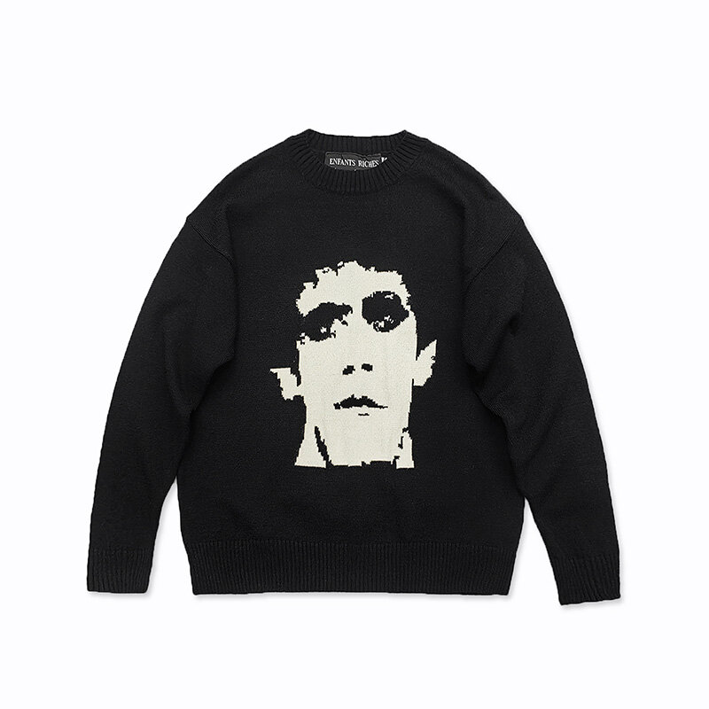 ERD-suéter de Jacquard de punto para hombre y mujer, ropa de calle de gran tamaño, moda Retro, Sudaderas con cuello redondo, color negro