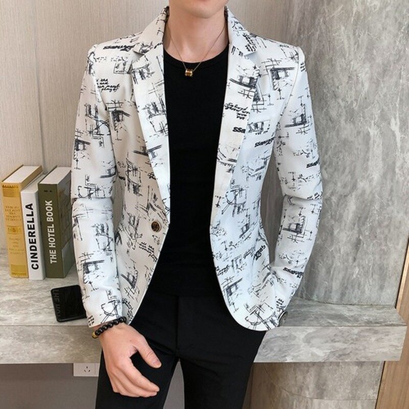 Мужской Блейзер, весна 2024, высококачественный мужской пиджак с принтом в Корейском стиле, приталенный деловой пиджак для свадьбы, вечеринки, выпускного