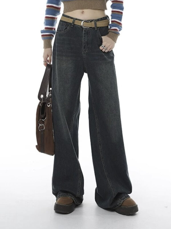 Jean Taille Haute Rétro à Jambes Larges pour Femme, Pantalon en Denim Confortable, Style Y2K, Mode Automne