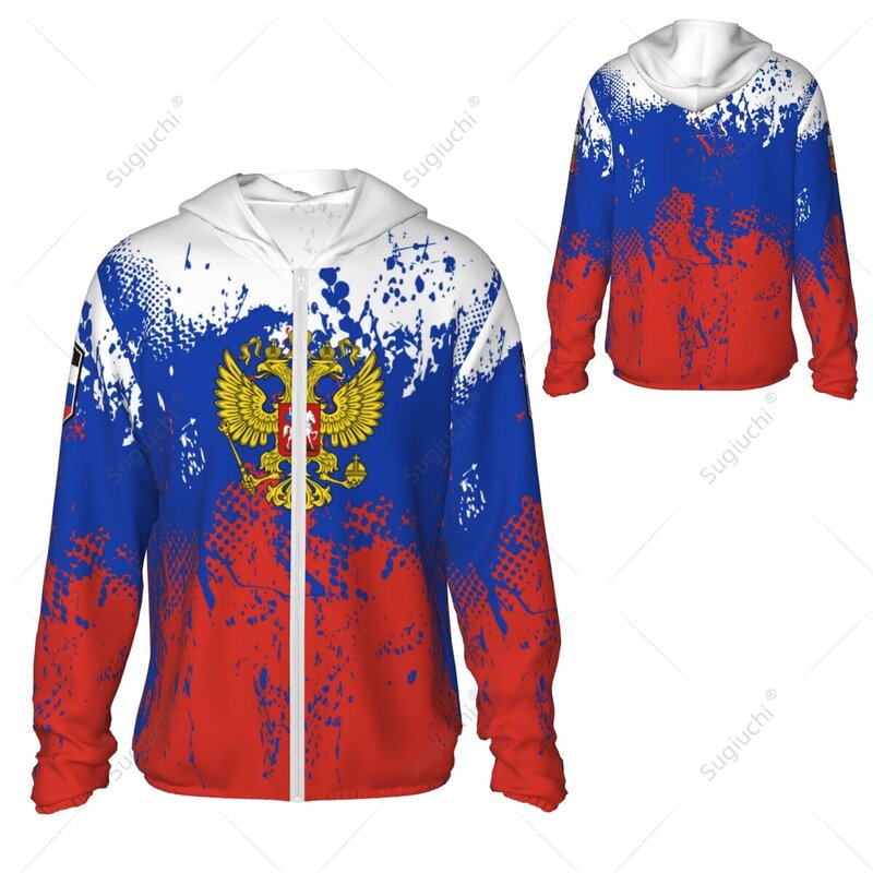 Russia Flag Sun Protection Hoodie Sunscreen Clothes Fishing Cycling Running Quick Dry Long Sleeve With Zipper Polyester