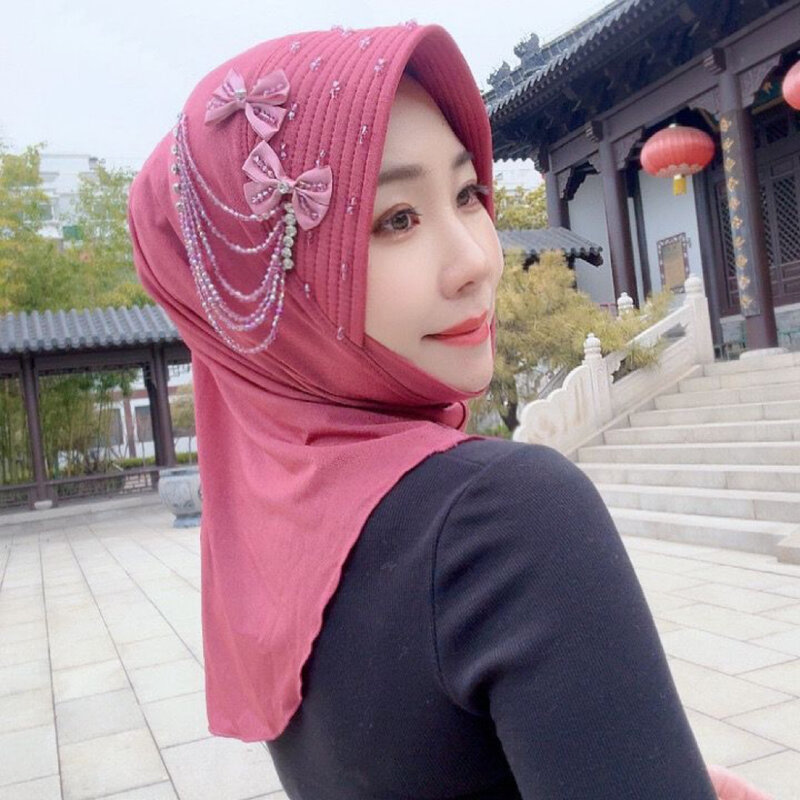 Hijab musulman avec appliques diamants, casquettes instantanées