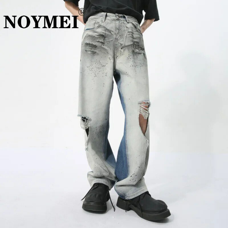 NOYMEI American Style Tie-dye Personalized Summer 2024 Men's Distressed Jeans High Street Contrast Color Straight Pants WA4400