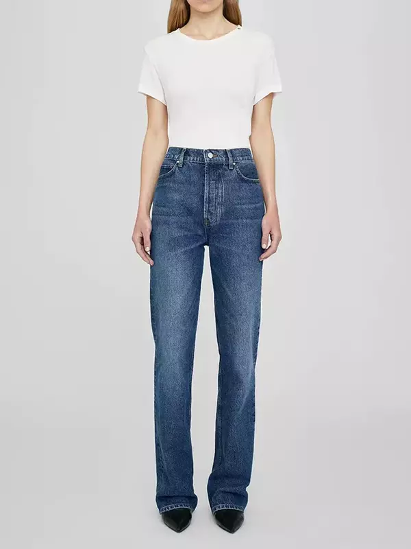 Jeans longo casual feminino com botão de zíper, calça jeans de cintura alta combina com tudo, moda primavera