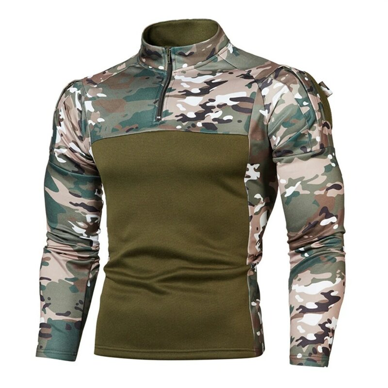 Mens Camouflage Shirt Long Sleeve Half Zip Neck Pullover Shirts Sports Gym Workout Slim Fitness Bodybuilding Blouse Tee Tops