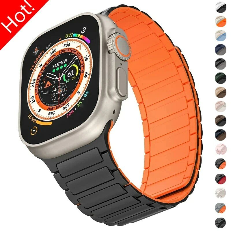 Pulseira Desportiva Magnética para Apple Watch, Pulseira de Silicone, Série iWatch, Ultra 2, 9, 8, 7, 6, 5, 4, 49mm, 45mm, 44mm, 42mm, 38 milímetros, 40 milímetros, 41 milímetros