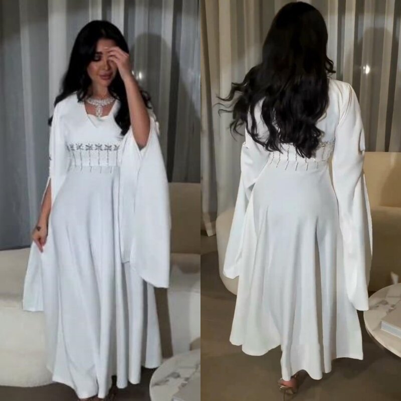 Ball Dress Evening Saudi Arabia Jersey Sequined Beading Ruched Formal Evening A-line V-neck Bespoke Occasion Gown Midi Dresses