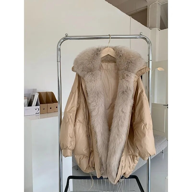 Abrigo largo de piel para mujer, chaqueta cálida de plumón de ganso con cuello de zorro Real, abrigo grueso de lujo, moda de invierno, novedad de 2023