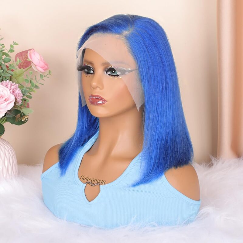 14 Iinch Straight Blue Bob Wig With 13X4 Lace Frontal 180% Density Human Hair Pre Plucked With Baby Hair Hd Lace Frontal Bob wig