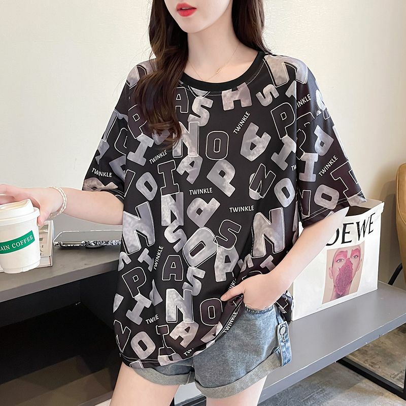 Blusa holgada de manga corta con cuello redondo para mujer, ropa informal a la moda, Tops de gran tamaño que combinan con todo, camisas coreanas, 2024