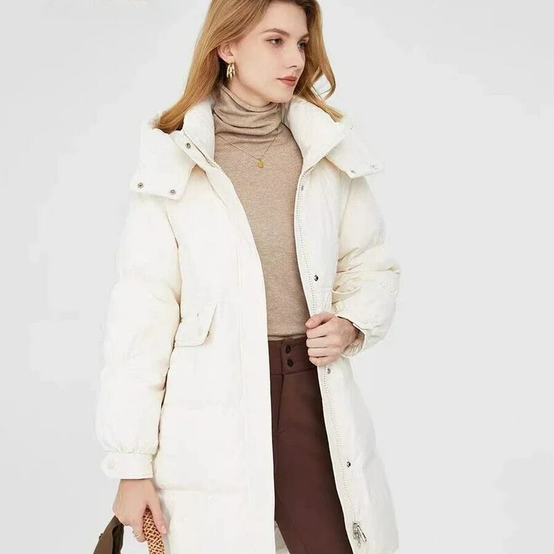 Chaqueta de plumón de pato blanco para mujer, abrigo cálido de manga larga con capucha, moda de invierno, 2024