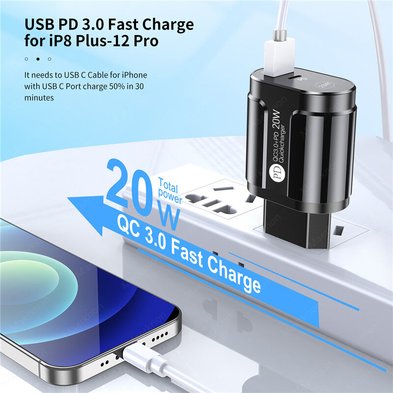 20W USB 충전기 유형 C 고속 충전기 QC3.0, 아이폰 11 12 샤오미 화웨이 EU/미국/영국 플러그 PD 빠른 충전기 범용 여행 어댑터