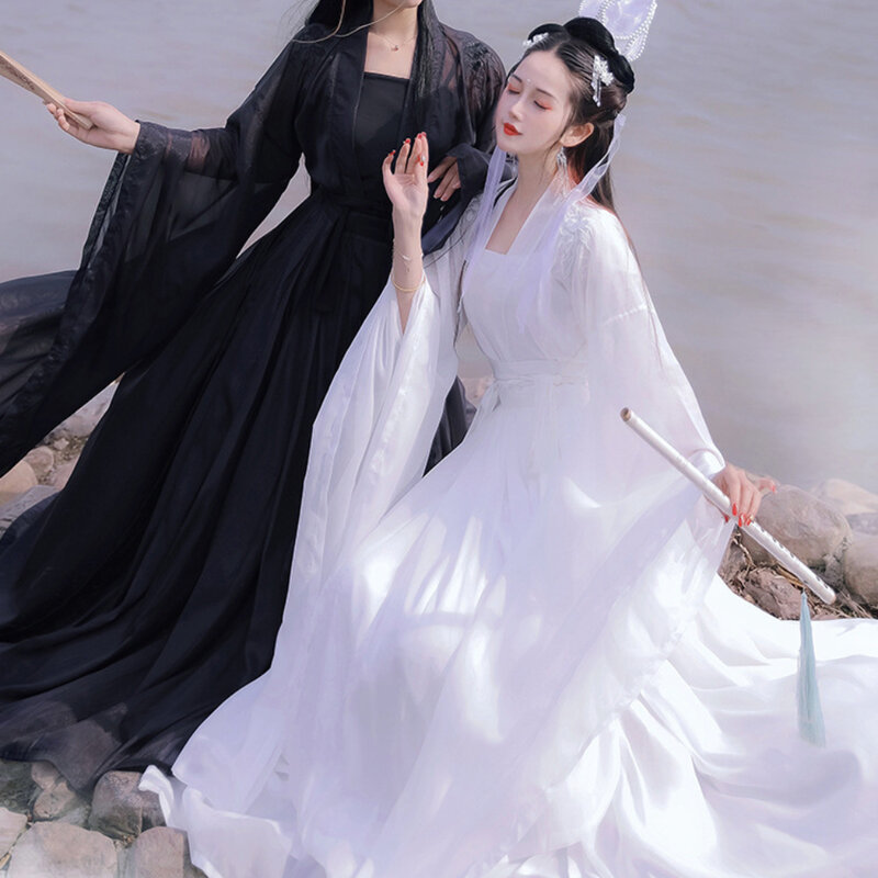 Hanfu kemeja Lengan pinggang kerah hitam putih, Hanfu rok lengan lebar musim panas peri Hanfu kostum Cosplay Halloween wanita