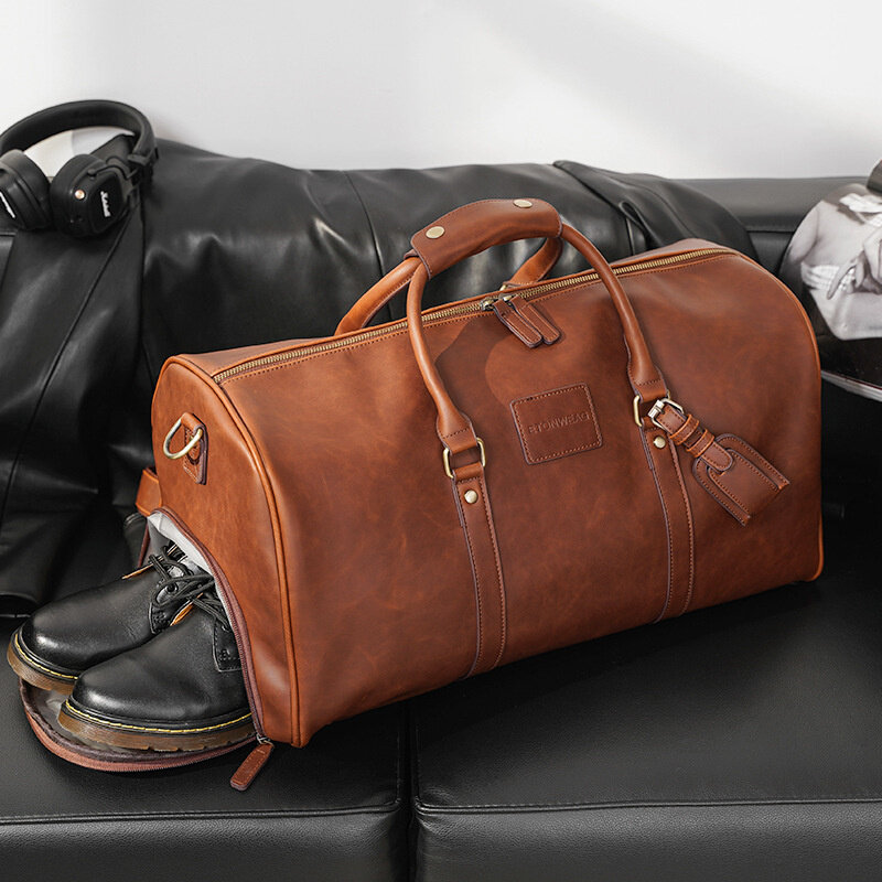 Bolsa de viagem de couro PU de alta qualidade para homens, bolsa de grande capacidade, mala retrô com bolso de sapato, Duffle Casual Masculino