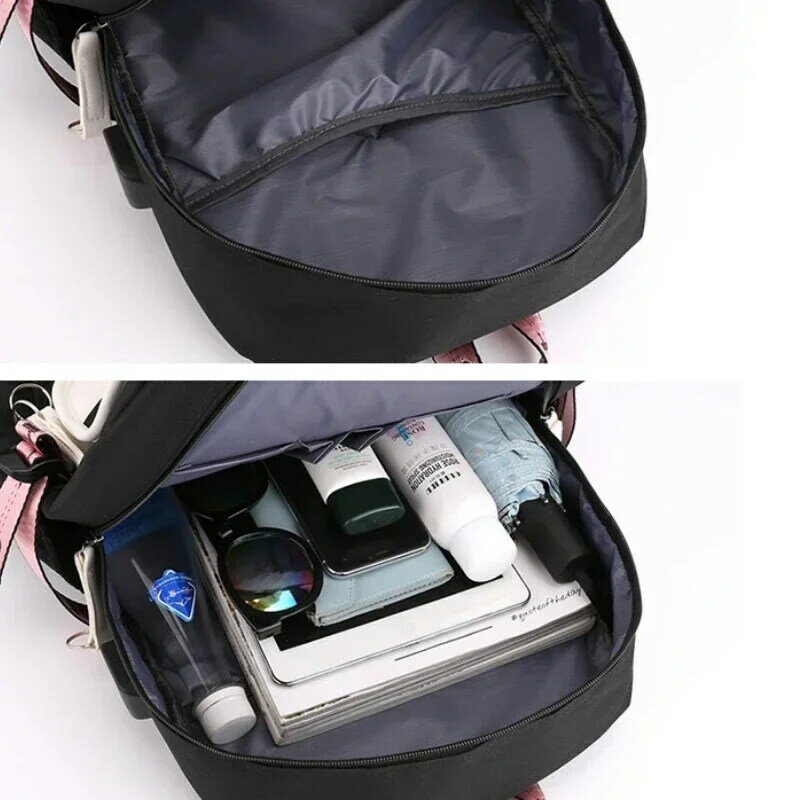 십대 소녀용 대형 학교 가방, USB 포트 캔버스 학교 가방, 학생 책 가방, 패션 블랙 핑크 십대 학교 배낭