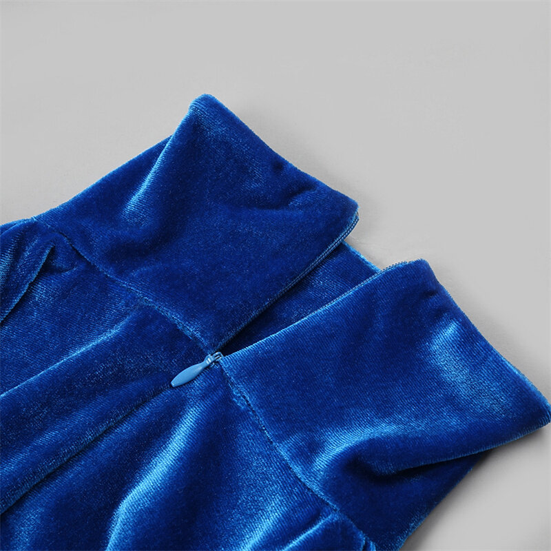 새로운 블루 스웨이드 긴 소매 높은 목 스트레치 패션 슬림 피트 우아한 드레스, 여름 여성 드레스