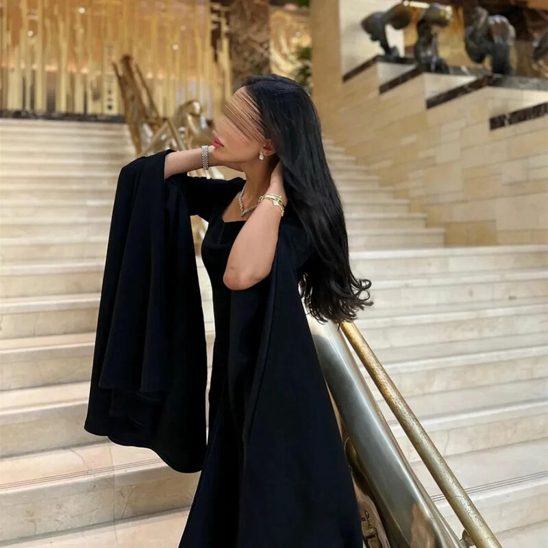 Vestido de graduación de plumas negras con mangas drapeadas para mujer, ropa de fiesta con cuello cuadrado, vestidos formales, Evens especiales, 2024