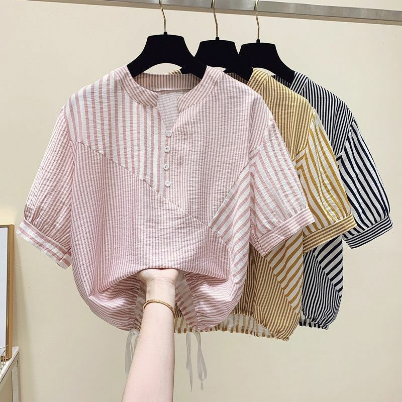 女性の不規則なストライプのシャツ,半袖,スタンドカラー,スリムなスタイル,デザイン,新しい夏のコレクション2022