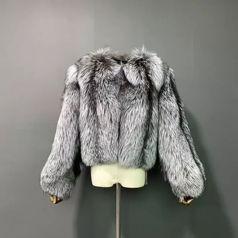 Casaco Real Fox Fur para mulheres, couro inteiro, prata, rf22113