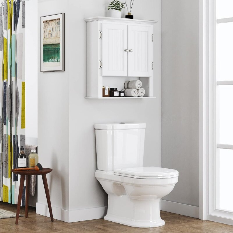 Bathroom Cabinet Wall Mounted, Wood Hanging Cabinet, Wall Cabinets with Doors and Shelves Over The Toilet for Bathroom,White