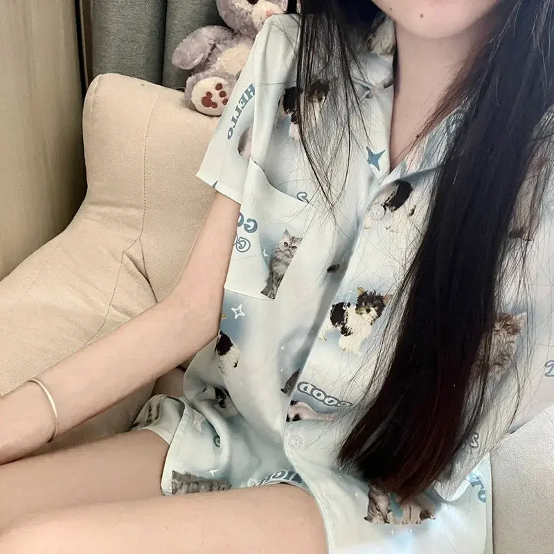 Синяя новая милая Пижама с коротким рукавом с изображением кота из мультфильма шорты Пижама удобная домашняя одежда кавайная Корейская стильная Домашняя одежда атласная шелковая