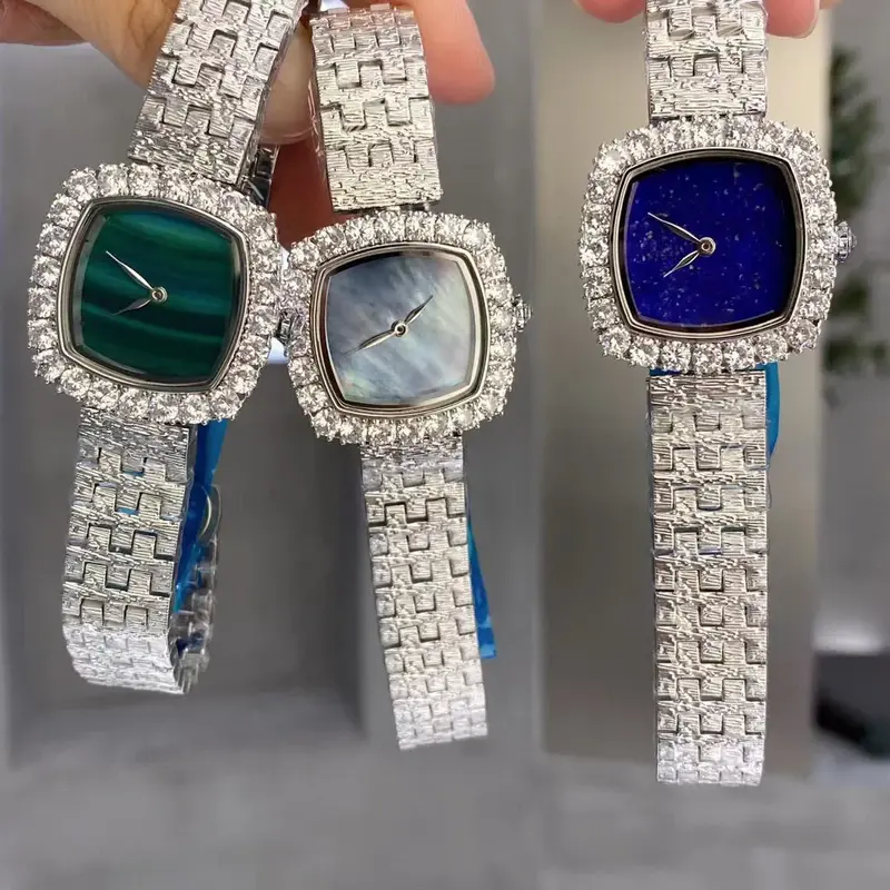 Diamante quadrado das mulheres embutidos quartzo relógio de pulso, relógios personalizados impermeáveis, moda luxo marca, relógio de pulso Natal simples, alta qualidade, AAA