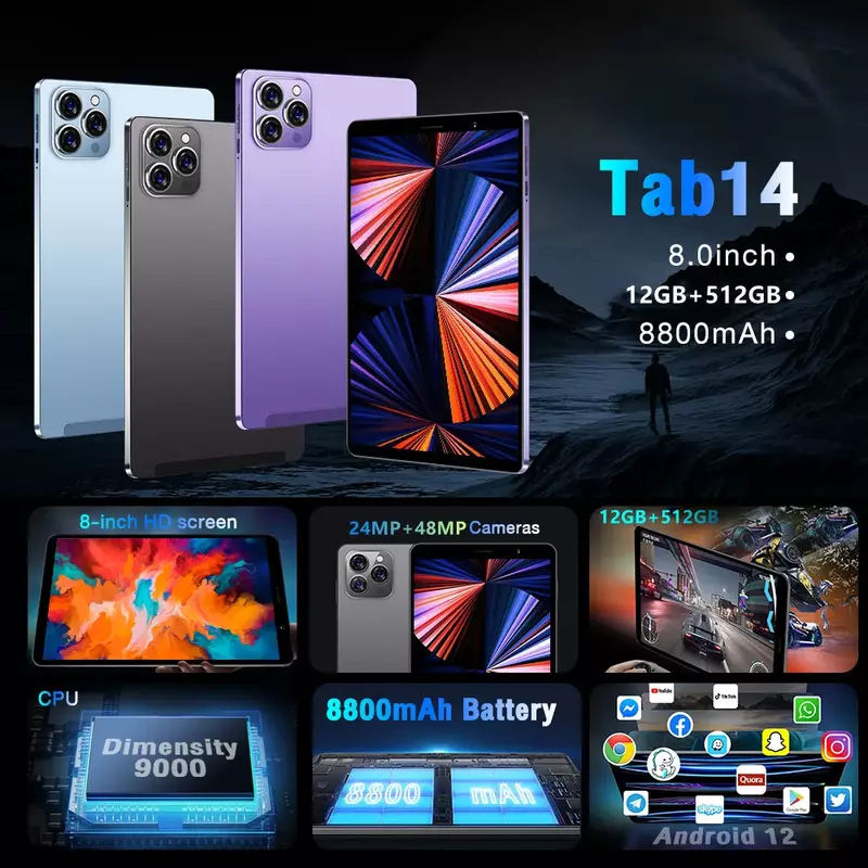 Tablet PC Versão Gobal Tab14, 8 Polegada, Android 12, Bluetooth, 12GB, 512GB, Deca Core, GPS, WPS, 5G, 4G, WiFi, Laptop, Hot Sales, novo