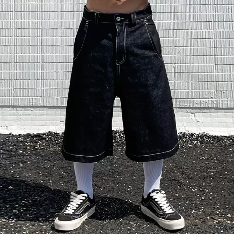 2024 Summer Retro Shorts Hip-Hop Jeans Y2K Pocket Letter Print Jeans Men's Trendy Personalized Shorts Summer Knee-length Pants