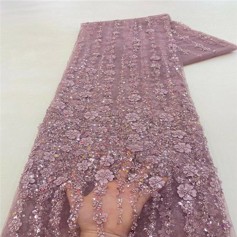 Tela de malla bordada con cuentas de lentejuelas, cuentas de flores tridimensionales, encaje para vestido de novia de trabajo pesado