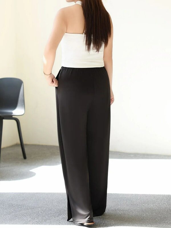 Celana panjang lurus wanita, celana panjang pinggul tinggi, elastis, kasual, ukuran besar, musim panas, 2024, kualitas bagus