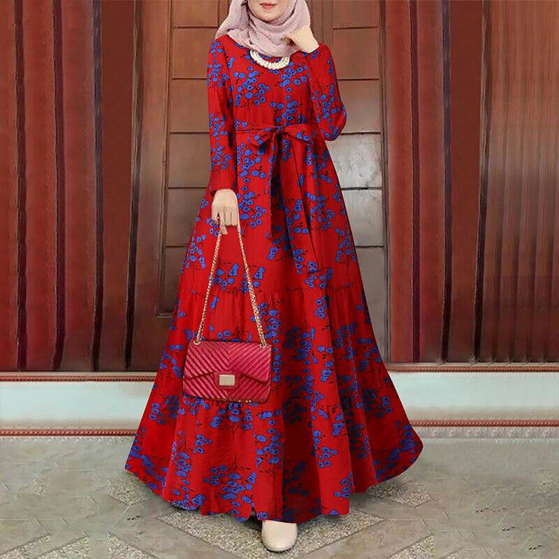 2023 New Islam Abaya Dress Retro Floral Robe Femme Musulmane Printed Belt Women's Dress Fo Europe and America