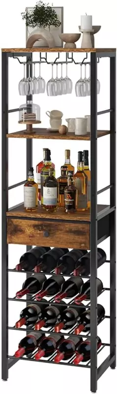 Wine Rack Freestanding Floor, Bar Cabinet for Liquor and Glasses,Coffee Bar Cabinet 4-Tier Wood bar Cabinet,Glass Holder