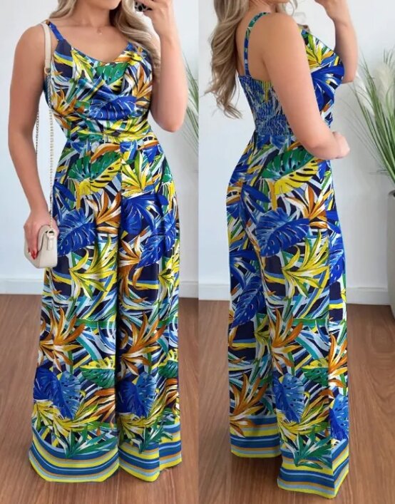 Jumpsuits for Women New Casual High Waisted Wide Leg V-Neck Tropical Print Shirred Women One Pieces Bodysuit Elegant Jumpsuit