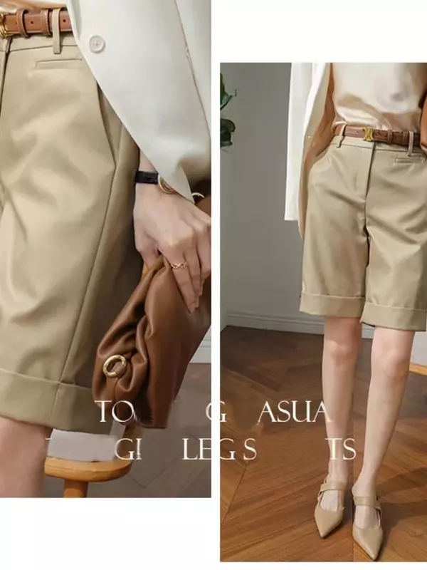 Celana pendek untuk wanita, celana pendek pinggang tinggi selutut panjang lurus dengan sabuk celana pendek musim panas untuk wanita mode kantor putih