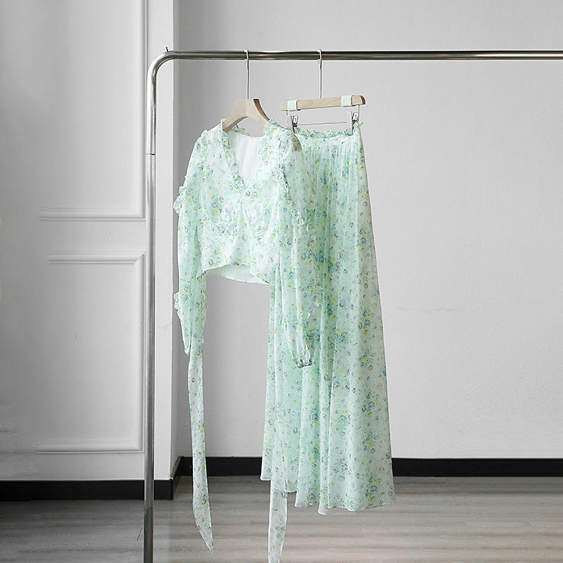 Женский комплект из топа и юбки, зеленая блузка с цветочным принтом и оборками в стиле ретро, комплект из 2 предметов с эластичной высокой юбкой для отдыха и пляжа, на весну
